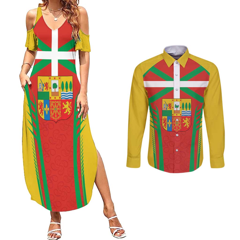 Basque Country Couples Matching Summer Maxi Dress and Long Sleeve Button Shirt Zazpiak Bat Flag Style