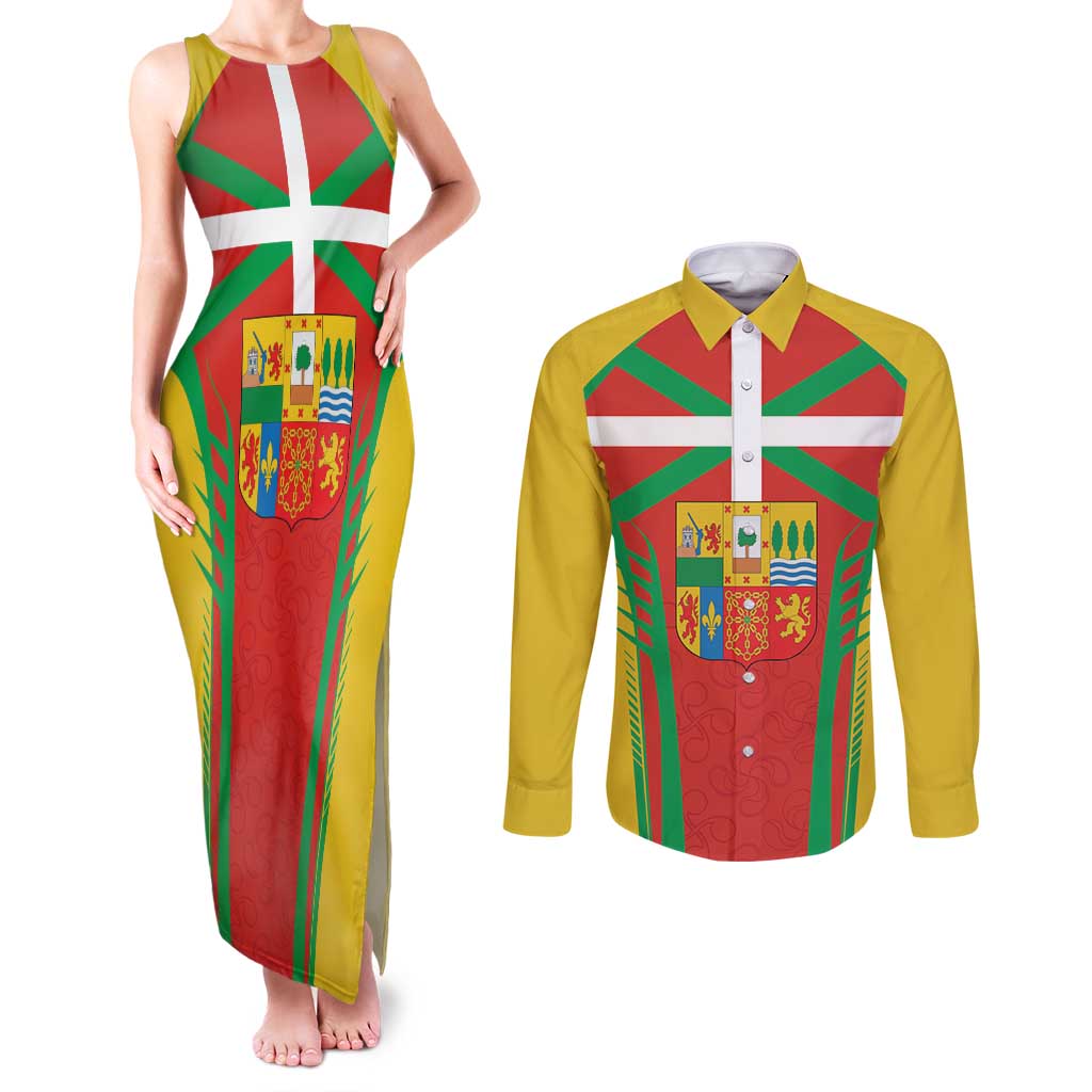 Basque Country Couples Matching Tank Maxi Dress and Long Sleeve Button Shirt Zazpiak Bat Flag Style