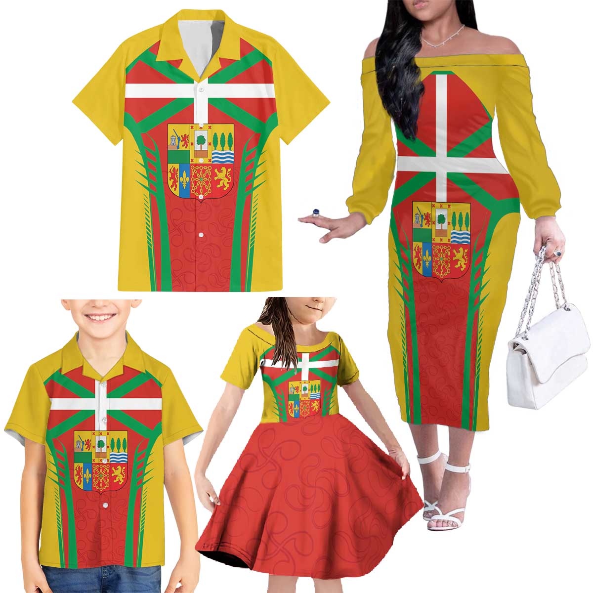 Basque Country Family Matching Off The Shoulder Long Sleeve Dress and Hawaiian Shirt Zazpiak Bat Flag Style
