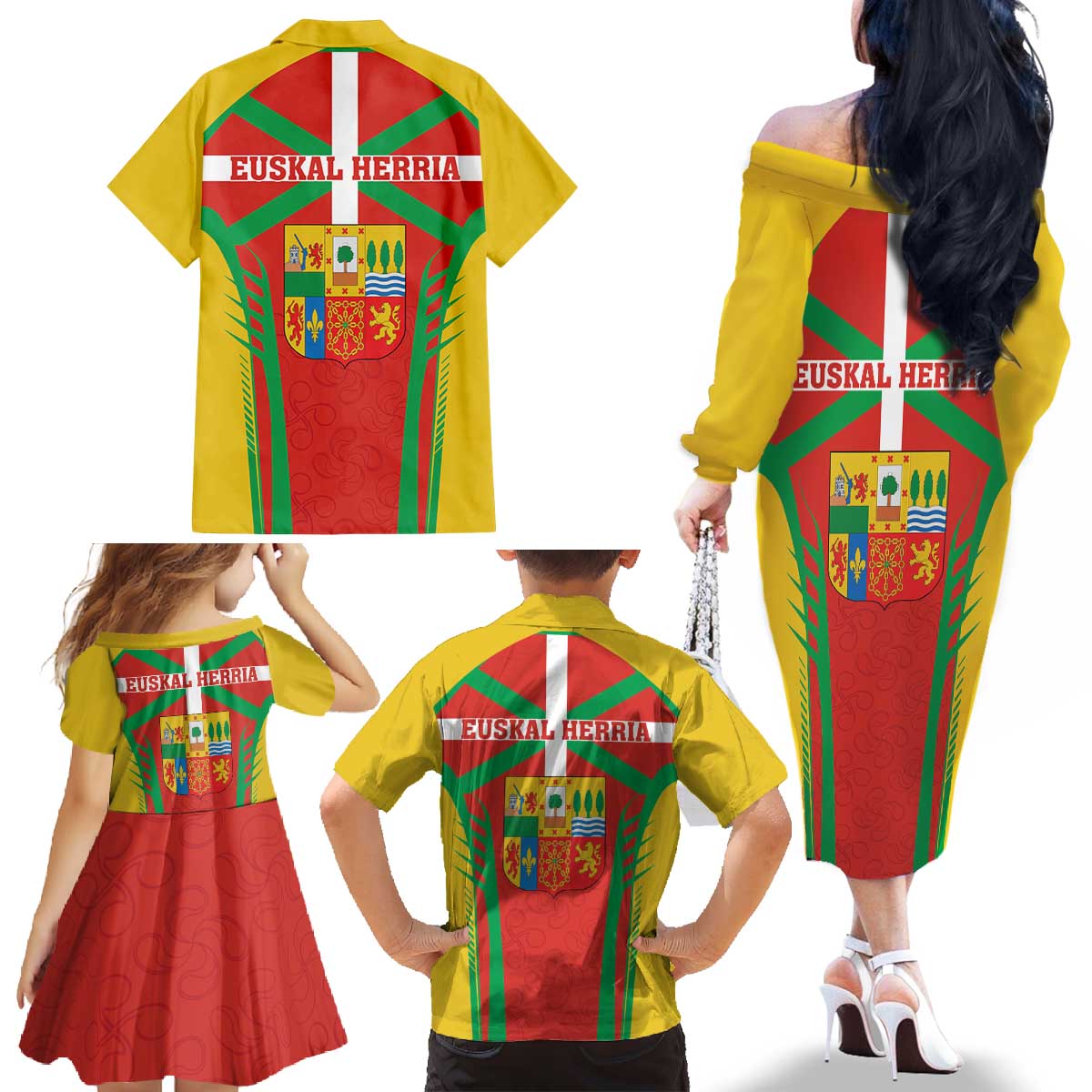 Basque Country Family Matching Off The Shoulder Long Sleeve Dress and Hawaiian Shirt Zazpiak Bat Flag Style