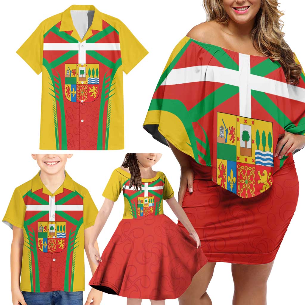 Basque Country Family Matching Off Shoulder Short Dress and Hawaiian Shirt Zazpiak Bat Flag Style