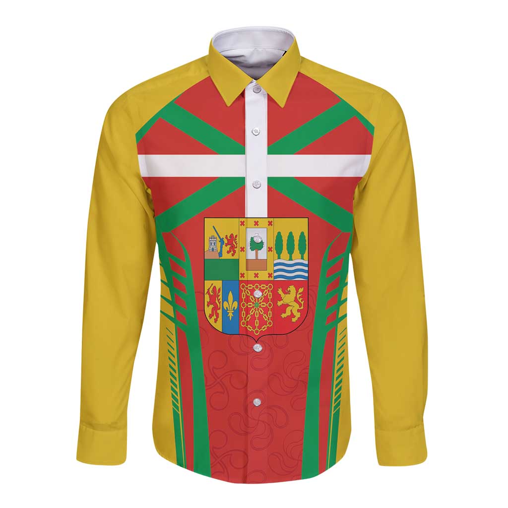 Basque Country Long Sleeve Button Shirt Zazpiak Bat Flag Style