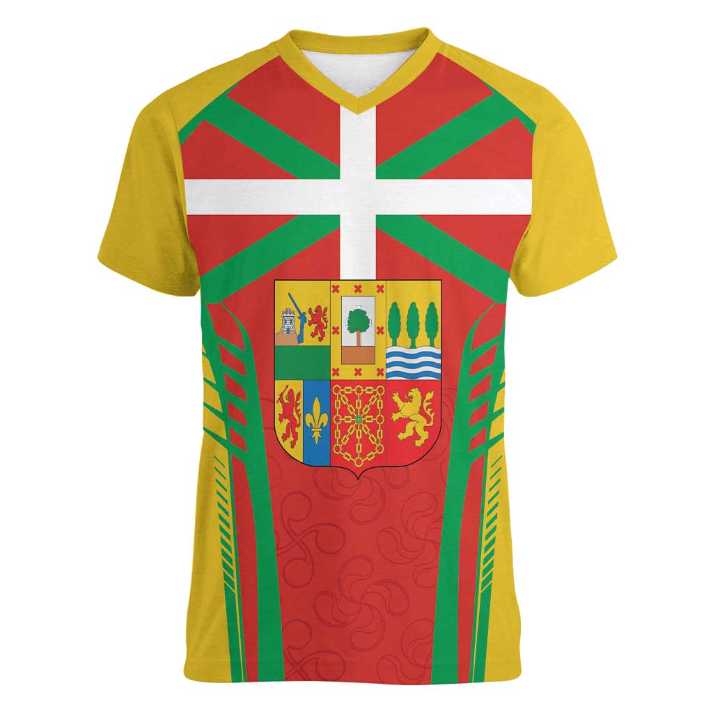Basque Country Women V-Neck T-Shirt Zazpiak Bat Flag Style