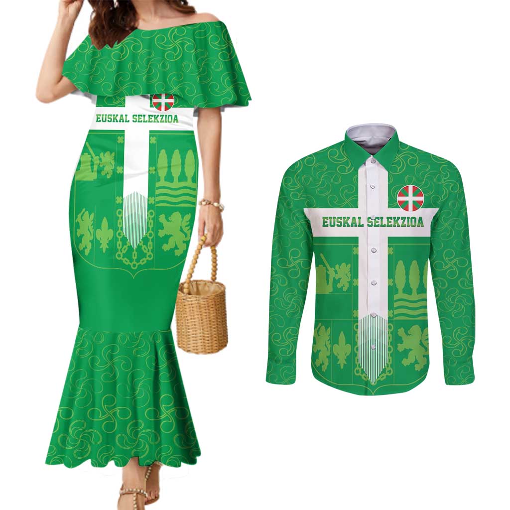 Custom Basque Euskadi Football Couples Matching Mermaid Dress and Long Sleeve Button Shirt Euskal Selekzioa Go Champion