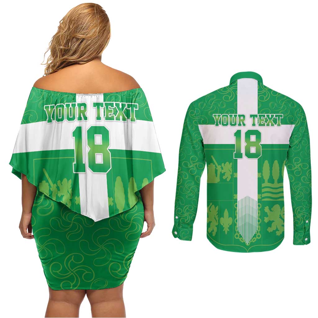 Custom Basque Euskadi Football Couples Matching Off Shoulder Short Dress and Long Sleeve Button Shirt Euskal Selekzioa Go Champion