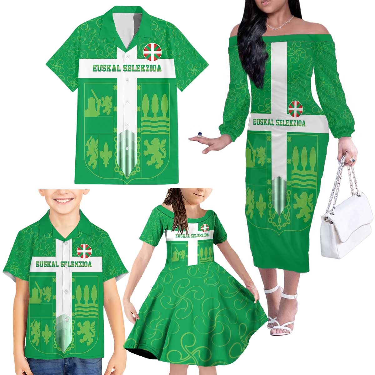 Custom Basque Euskadi Football Family Matching Off The Shoulder Long Sleeve Dress and Hawaiian Shirt Euskal Selekzioa Go Champion