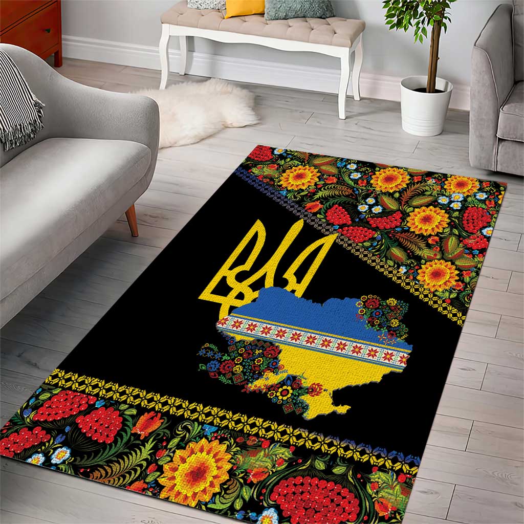 Petrykivka Ukrainian Folk Pattern Area Rug Golden Trident With Map