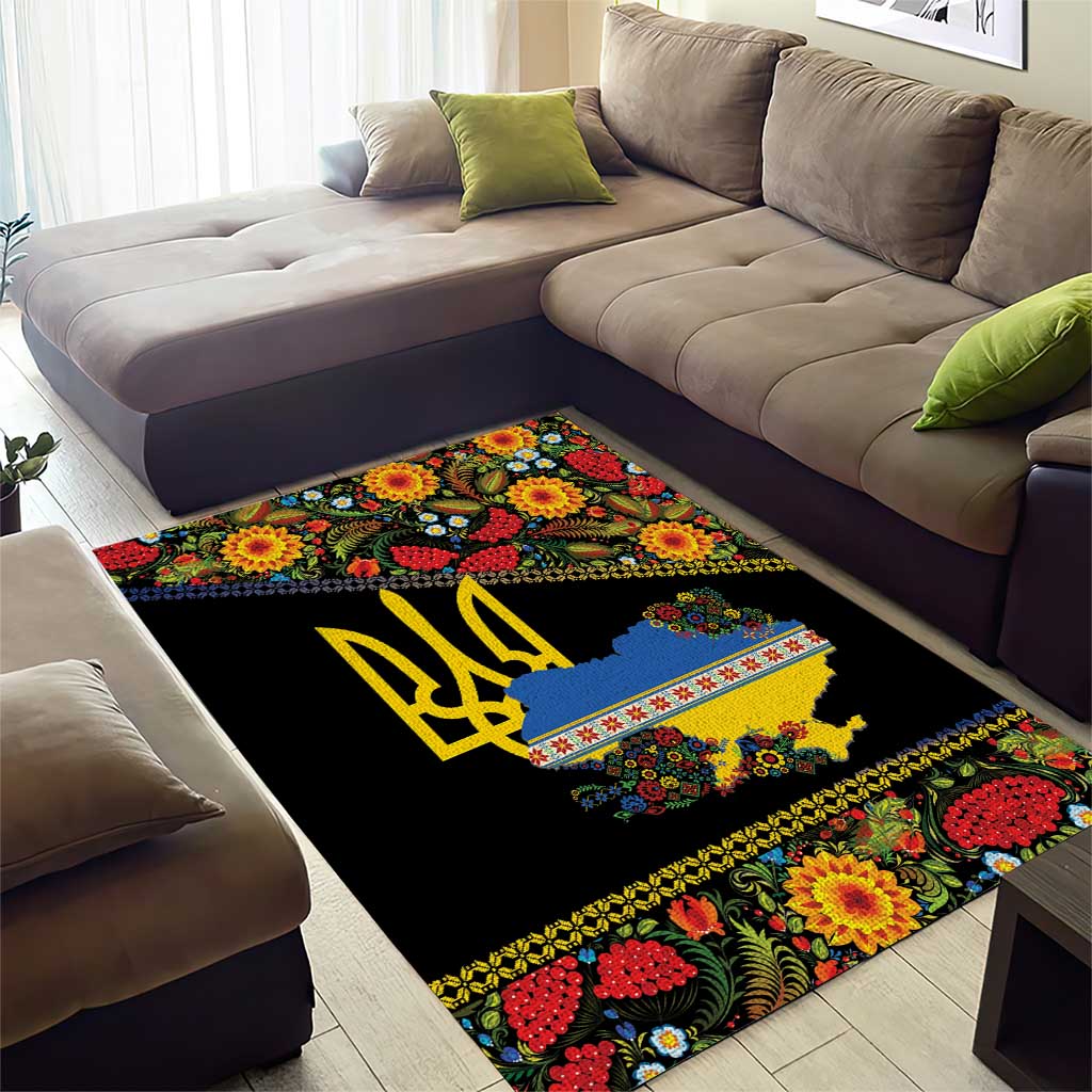 Petrykivka Ukrainian Folk Pattern Area Rug Golden Trident With Map