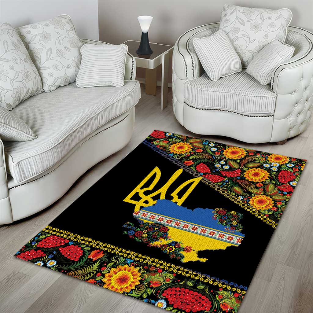 Petrykivka Ukrainian Folk Pattern Area Rug Golden Trident With Map