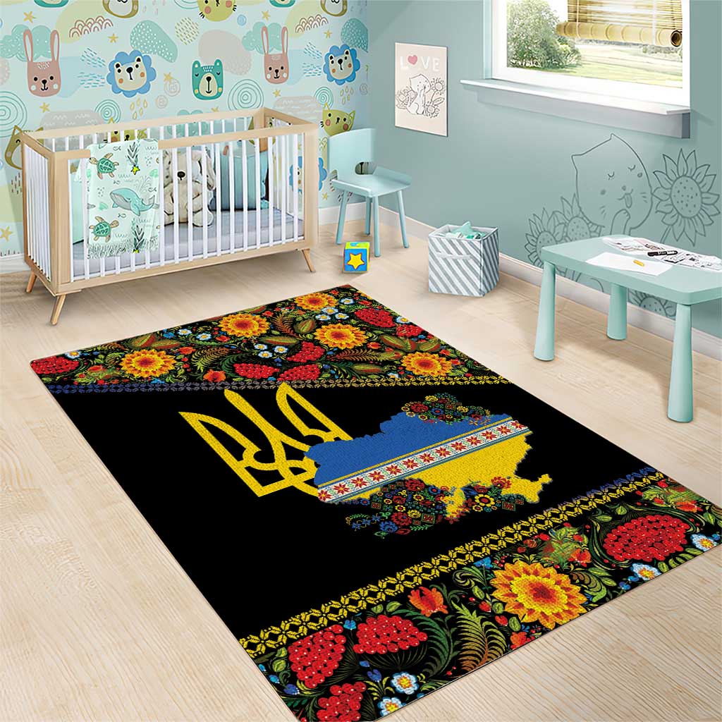 Petrykivka Ukrainian Folk Pattern Area Rug Golden Trident With Map