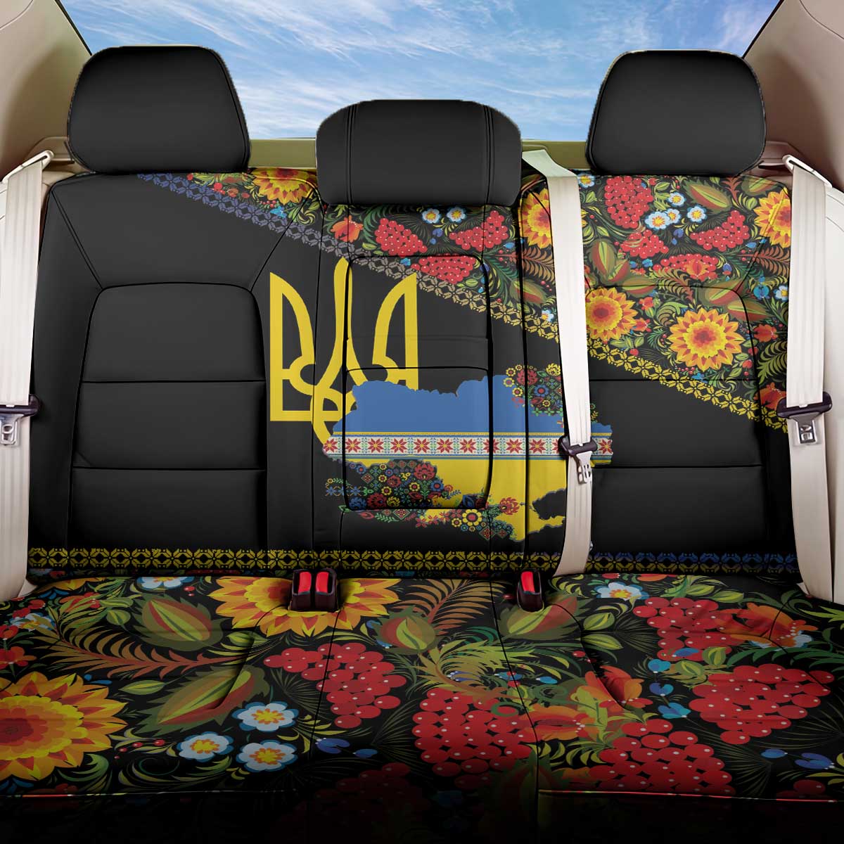 Petrykivka Ukrainian Folk Pattern Back Car Seat Cover Golden Trident With Map