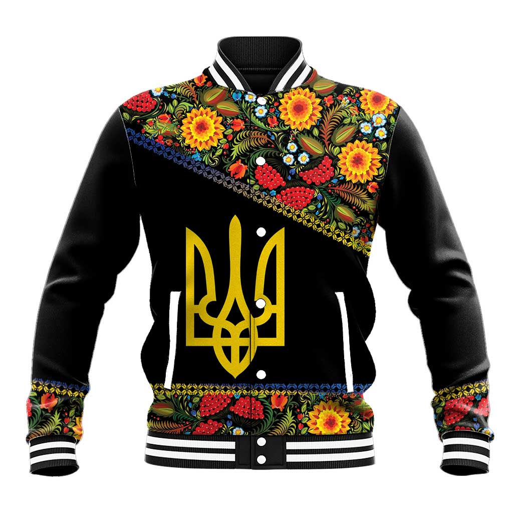 Petrykivka Ukrainian Folk Pattern Baseball Jacket Golden Trident With Map