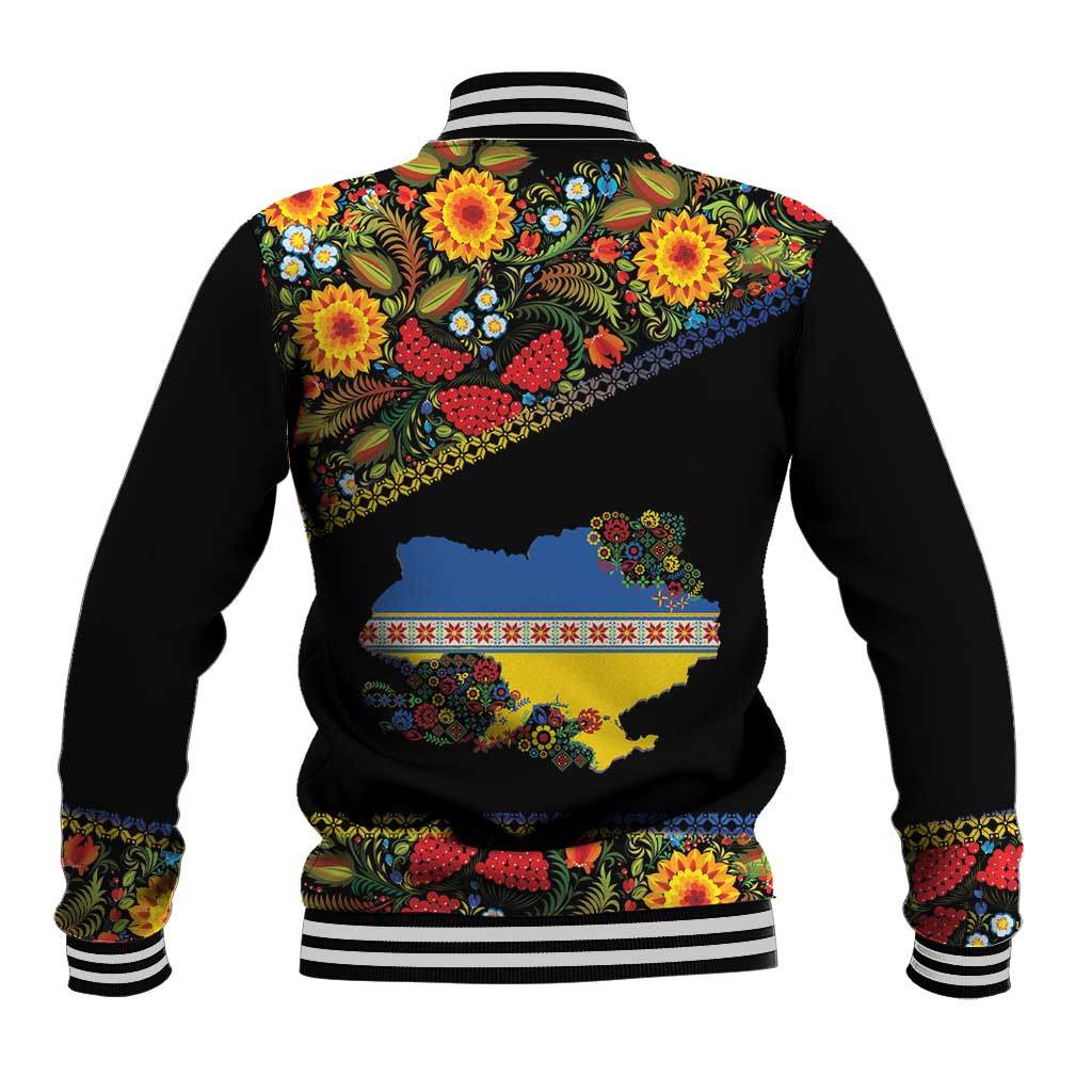 Petrykivka Ukrainian Folk Pattern Baseball Jacket Golden Trident With Map