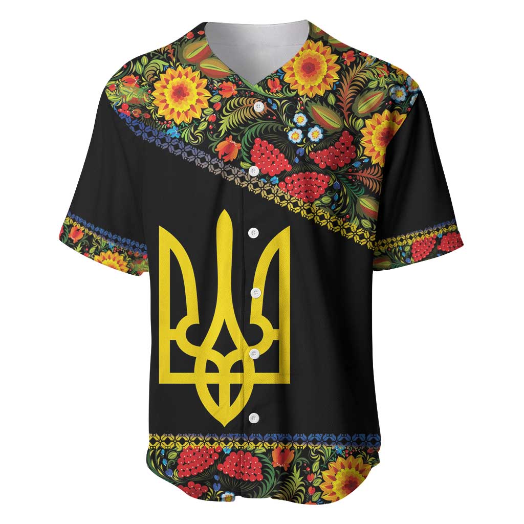 Petrykivka Ukrainian Folk Pattern Baseball Jersey Golden Trident With Map