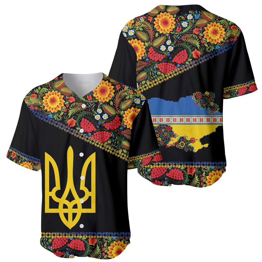 Petrykivka Ukrainian Folk Pattern Baseball Jersey Golden Trident With Map