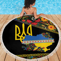 Petrykivka Ukrainian Folk Pattern Beach Blanket Golden Trident With Map