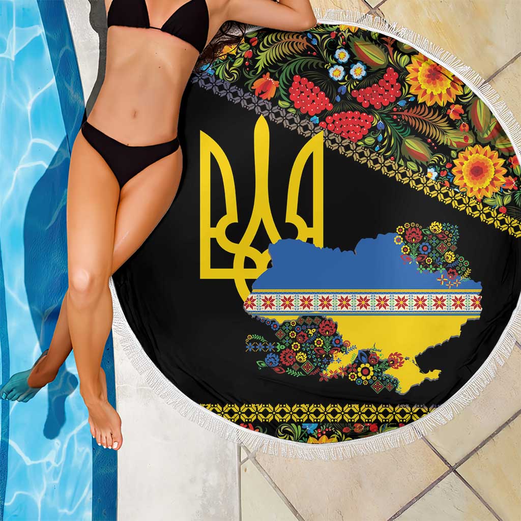 Petrykivka Ukrainian Folk Pattern Beach Blanket Golden Trident With Map