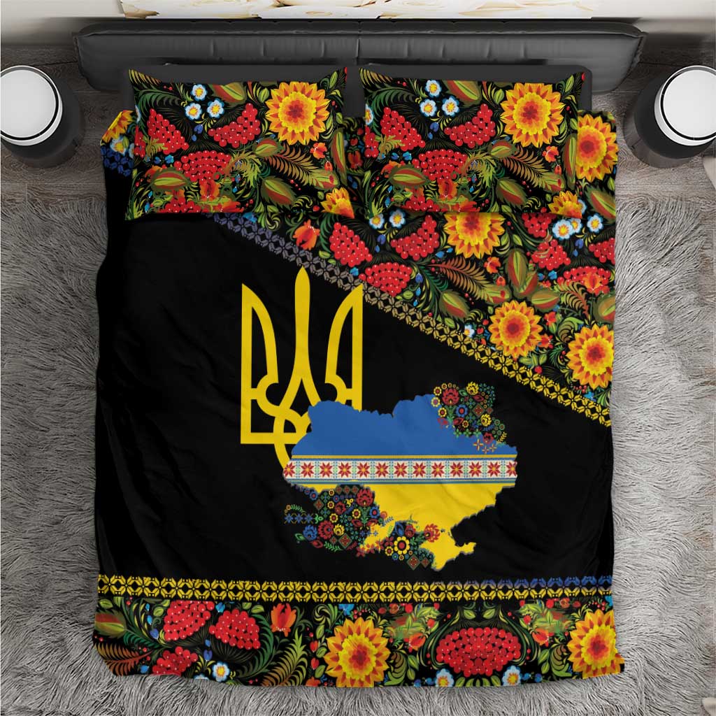 Petrykivka Ukrainian Folk Pattern Bedding Set Golden Trident With Map