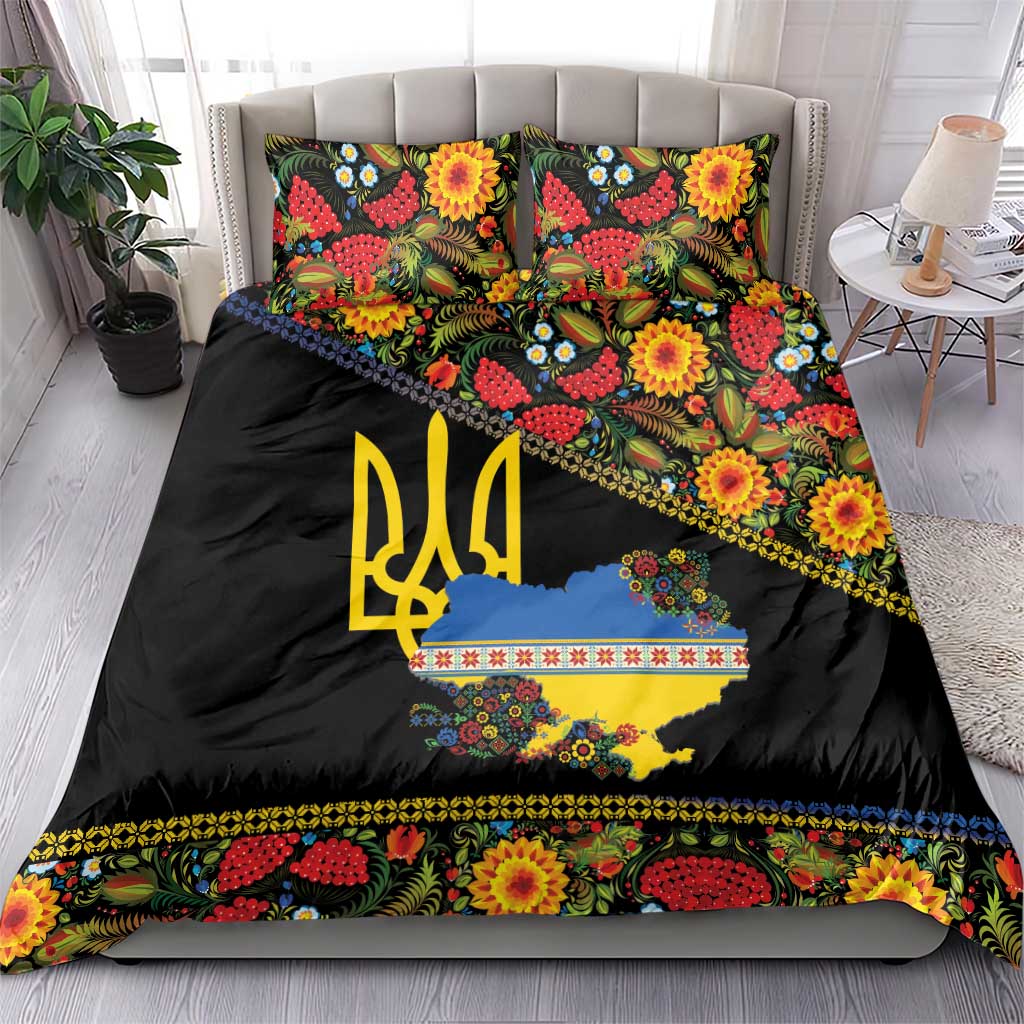Petrykivka Ukrainian Folk Pattern Bedding Set Golden Trident With Map