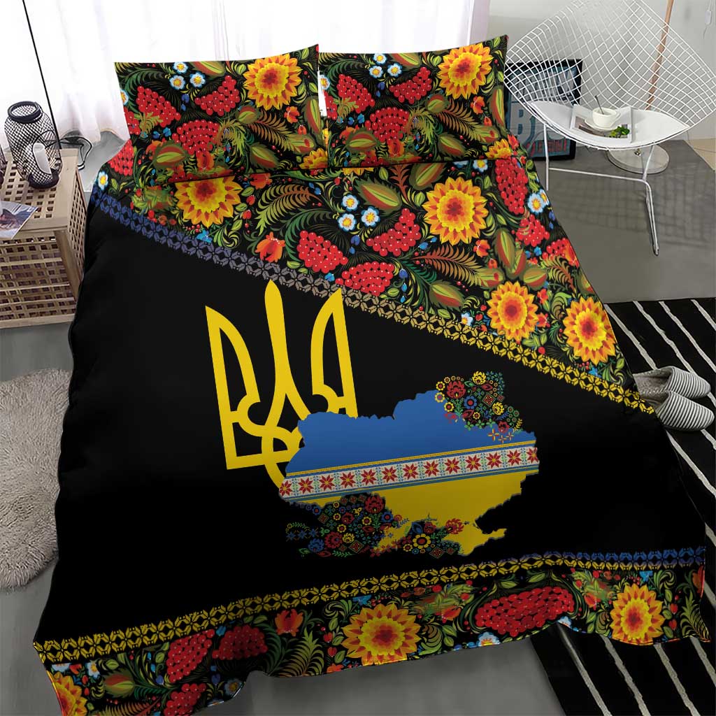 Petrykivka Ukrainian Folk Pattern Bedding Set Golden Trident With Map