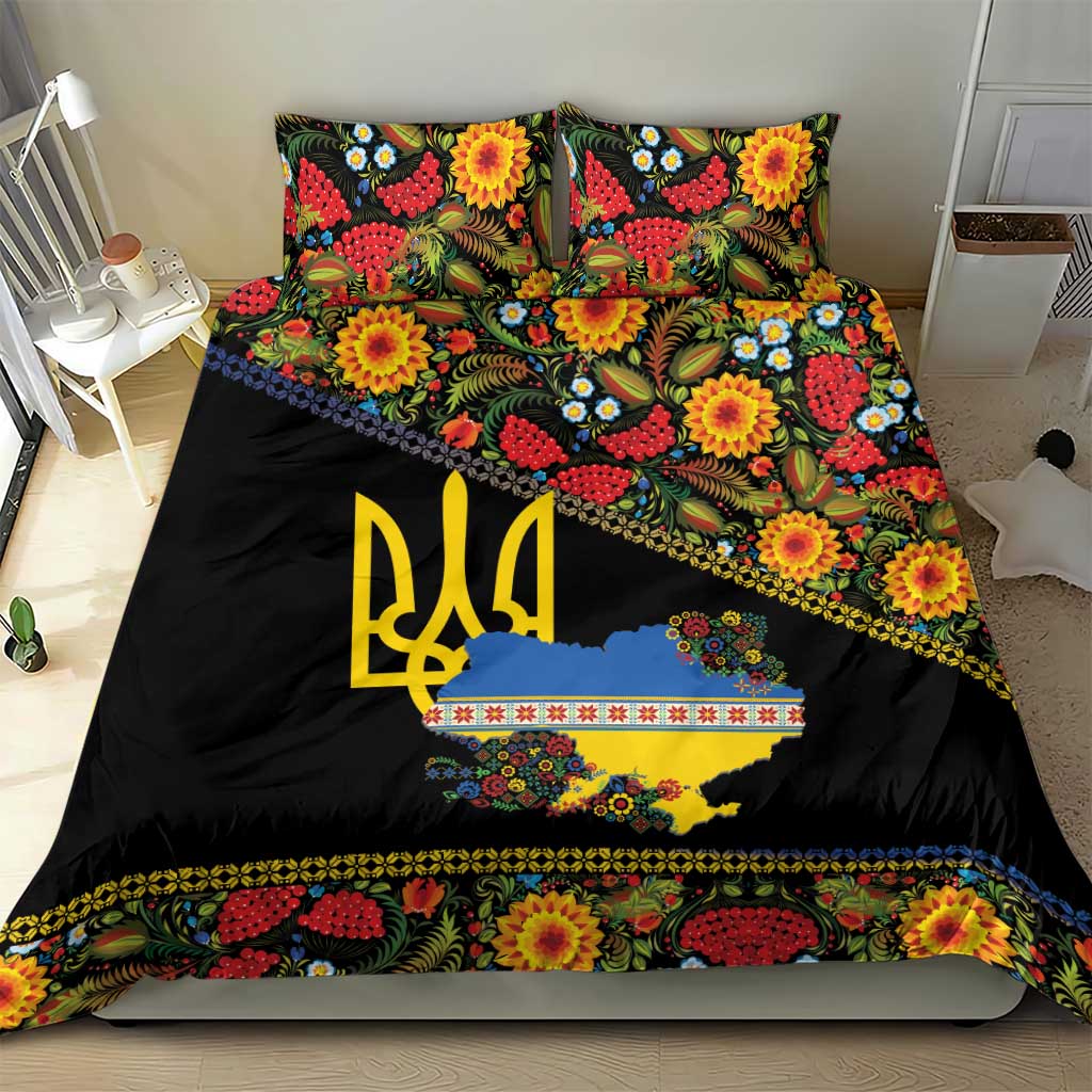 Petrykivka Ukrainian Folk Pattern Bedding Set Golden Trident With Map
