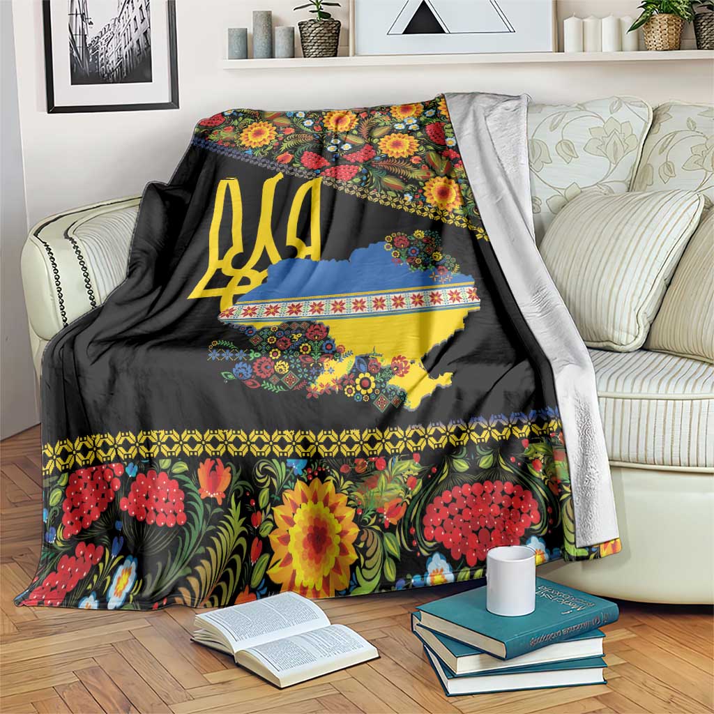 Petrykivka Ukrainian Folk Pattern Blanket Golden Trident With Map