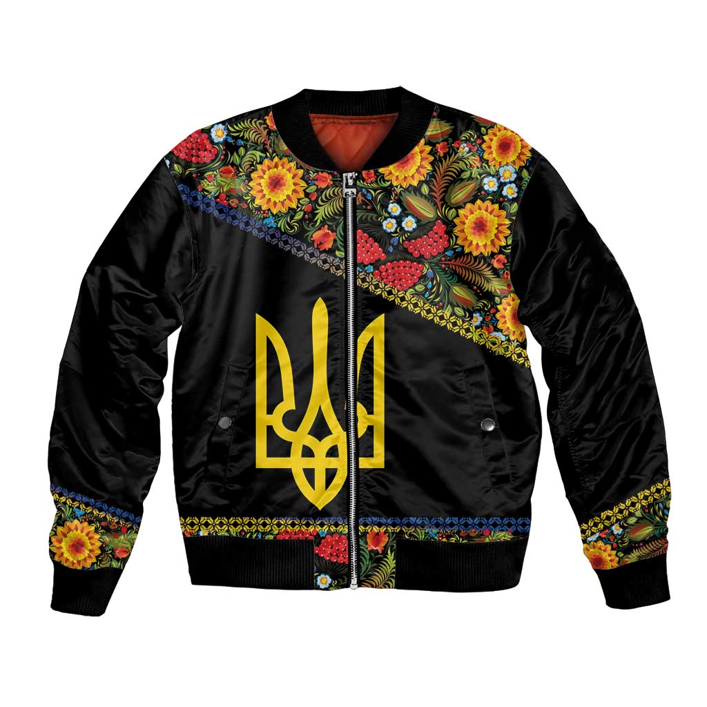 Petrykivka Ukrainian Folk Pattern Bomber Jacket Golden Trident With Map