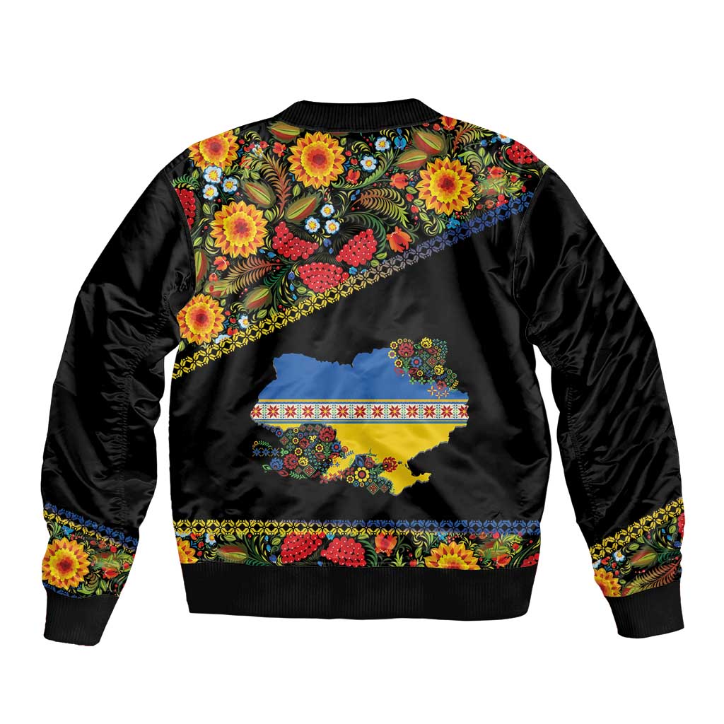 Petrykivka Ukrainian Folk Pattern Bomber Jacket Golden Trident With Map