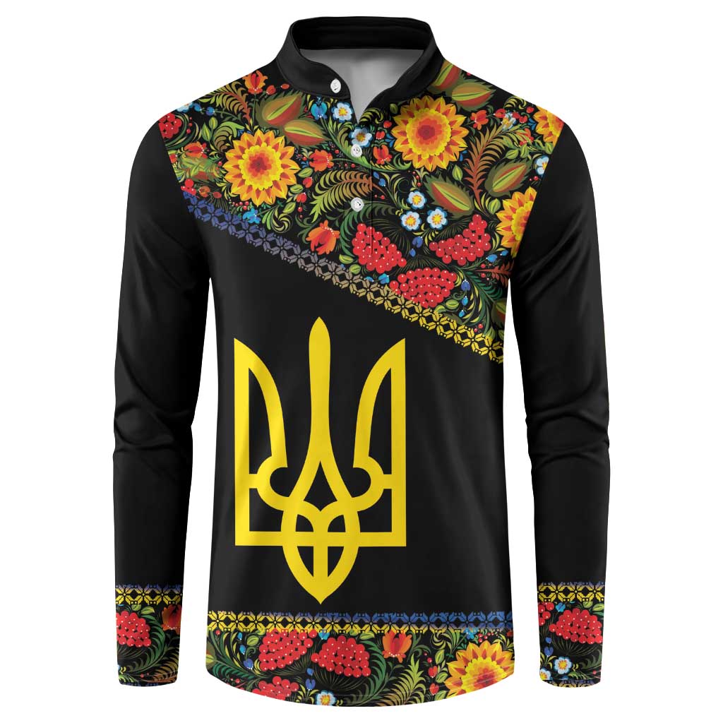 Petrykivka Ukrainian Folk Pattern Button Sweatshirt Golden Trident With Map