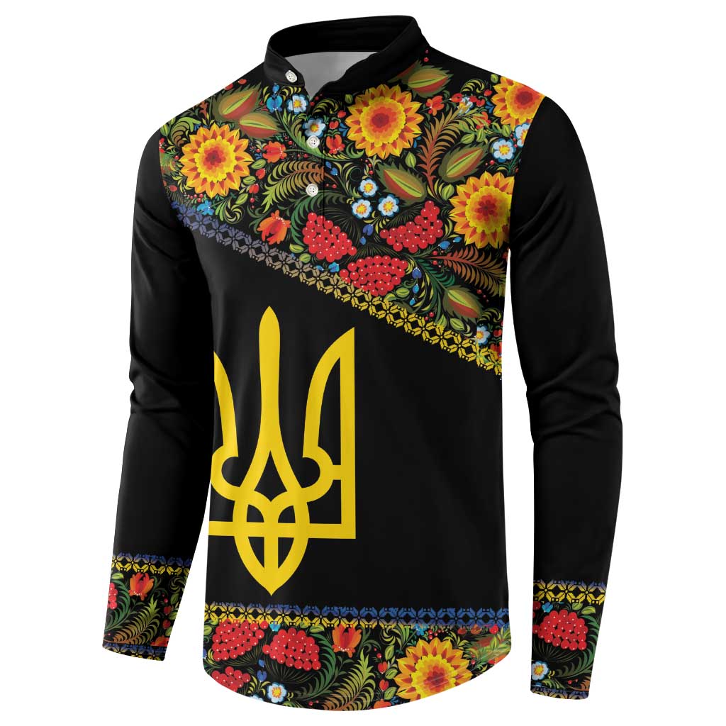 Petrykivka Ukrainian Folk Pattern Button Sweatshirt Golden Trident With Map