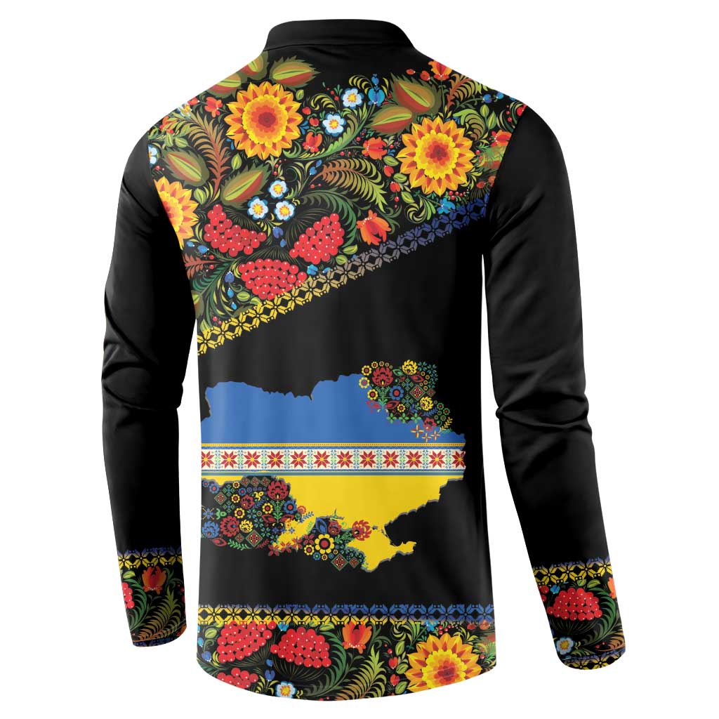 Petrykivka Ukrainian Folk Pattern Button Sweatshirt Golden Trident With Map