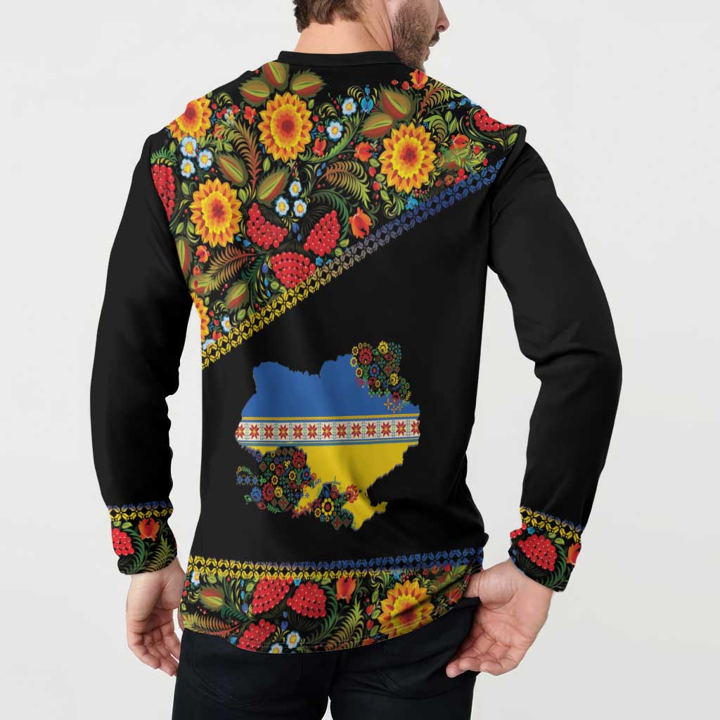 Petrykivka Ukrainian Folk Pattern Button Sweatshirt Golden Trident With Map