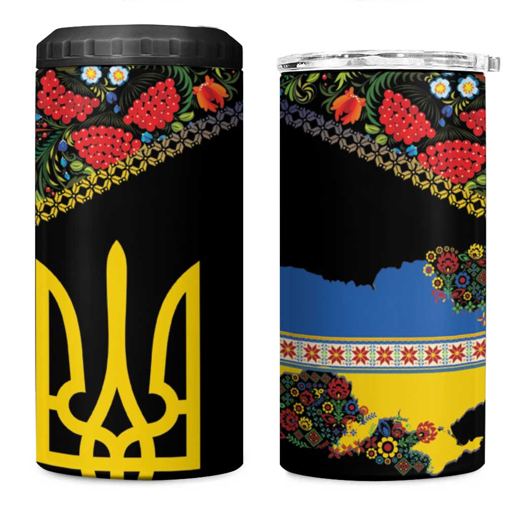 Petrykivka Ukrainian Folk Pattern 4 in 1 Can Cooler Tumbler Golden Trident With Map