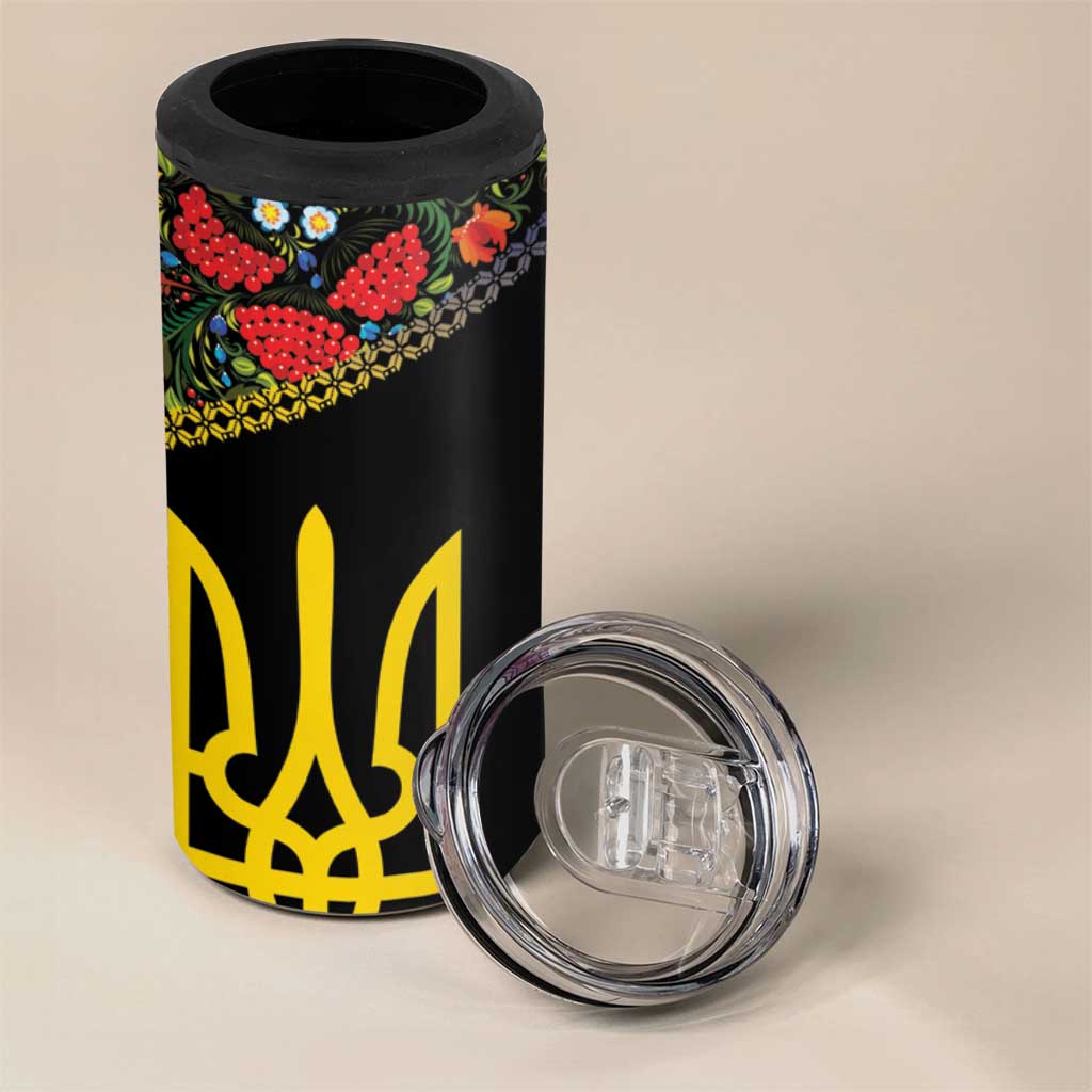 Petrykivka Ukrainian Folk Pattern 4 in 1 Can Cooler Tumbler Golden Trident With Map