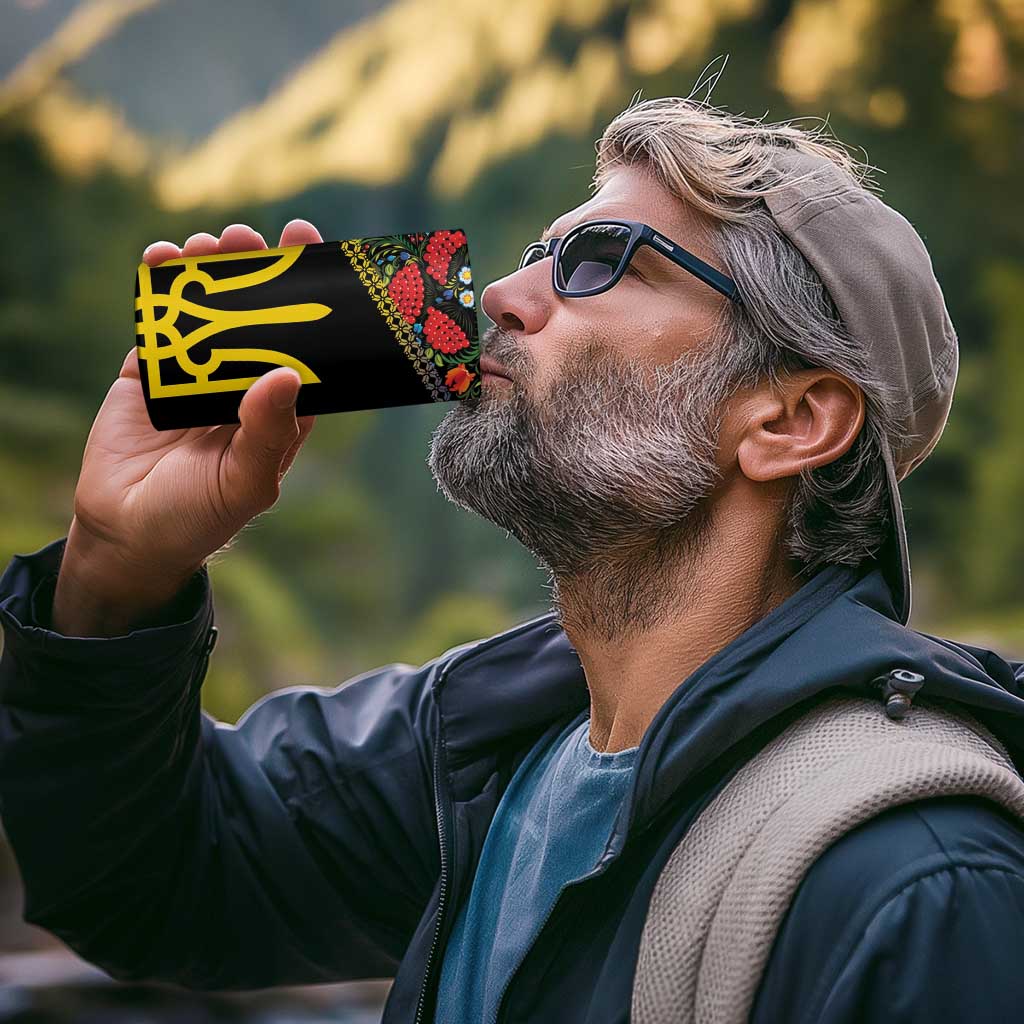 Petrykivka Ukrainian Folk Pattern 4 in 1 Can Cooler Tumbler Golden Trident With Map