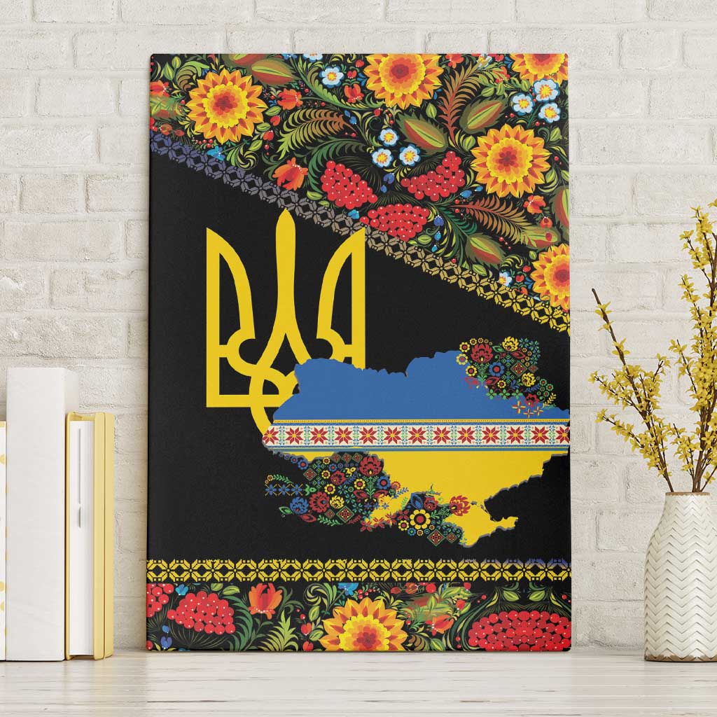 Petrykivka Ukrainian Folk Pattern Canvas Wall Art Golden Trident With Map