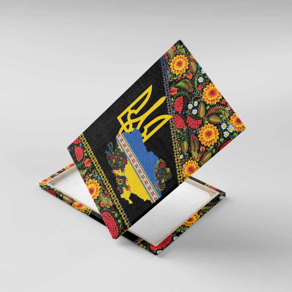 Petrykivka Ukrainian Folk Pattern Canvas Wall Art Golden Trident With Map