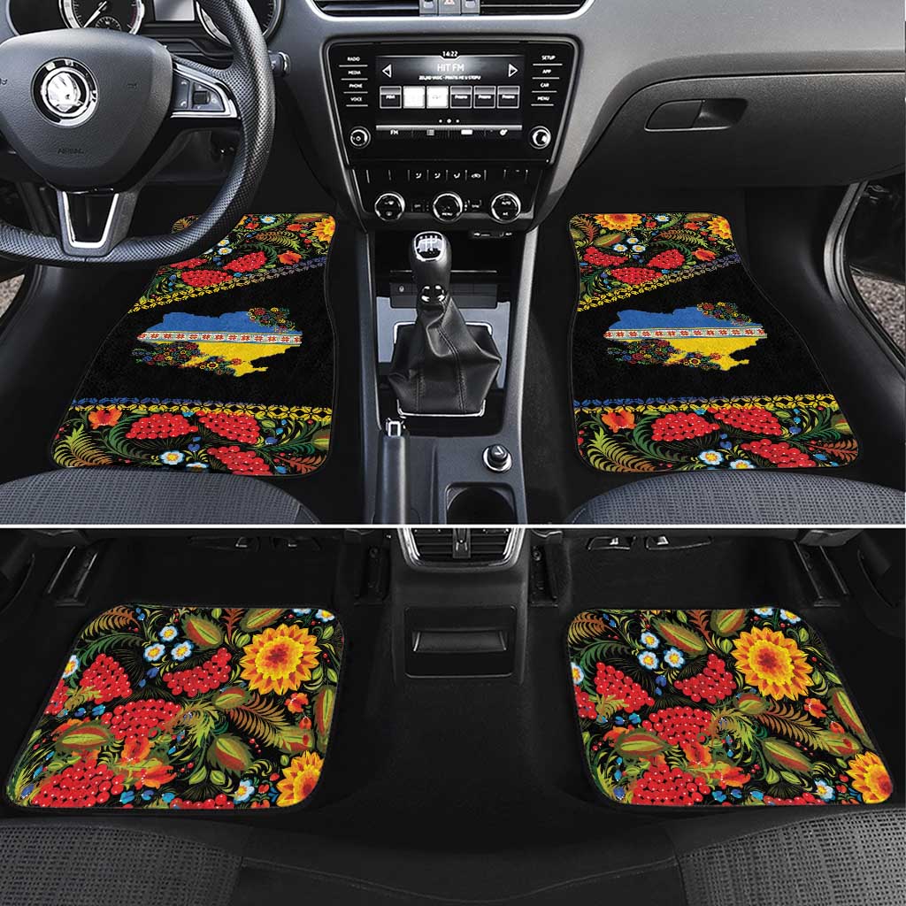 Petrykivka Ukrainian Folk Pattern Car Mats Golden Trident With Map