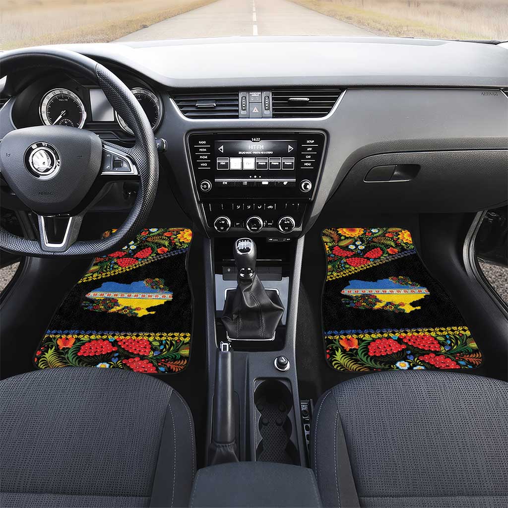 Petrykivka Ukrainian Folk Pattern Car Mats Golden Trident With Map