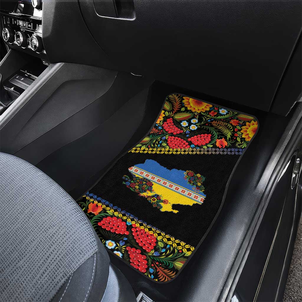 Petrykivka Ukrainian Folk Pattern Car Mats Golden Trident With Map