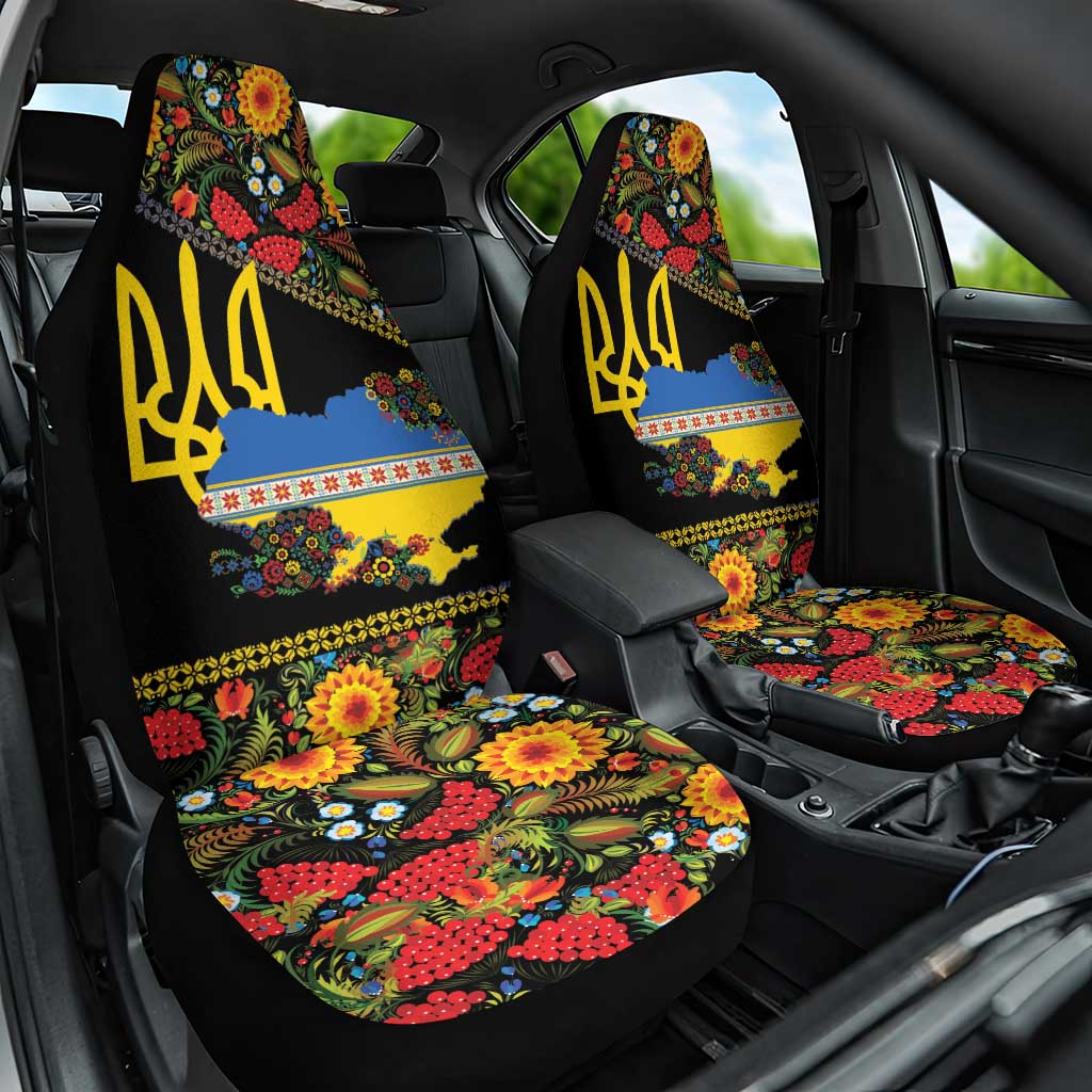 Petrykivka Ukrainian Folk Pattern Car Seat Cover Golden Trident With Map