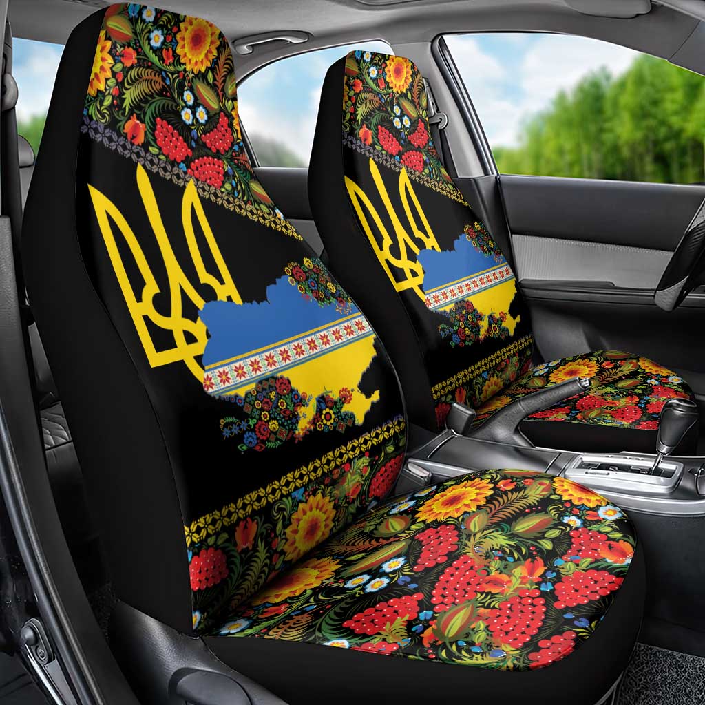 Petrykivka Ukrainian Folk Pattern Car Seat Cover Golden Trident With Map