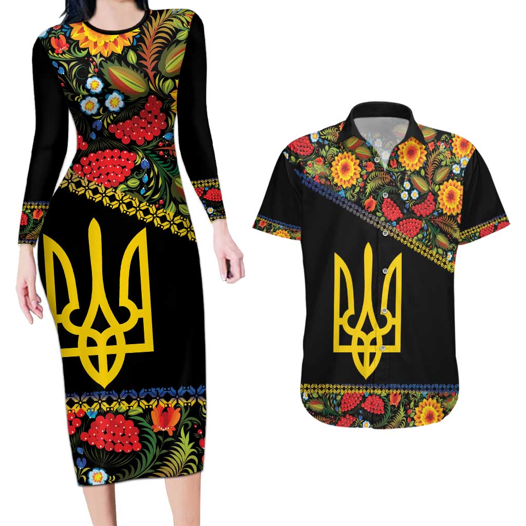 Petrykivka Ukrainian Folk Pattern Couples Matching Long Sleeve Bodycon Dress and Hawaiian Shirt Golden Trident With Map