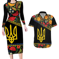 Petrykivka Ukrainian Folk Pattern Couples Matching Long Sleeve Bodycon Dress and Hawaiian Shirt Golden Trident With Map
