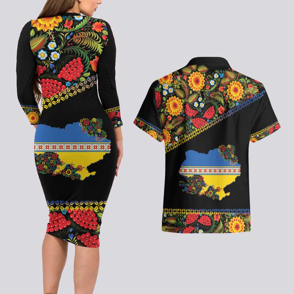 Petrykivka Ukrainian Folk Pattern Couples Matching Long Sleeve Bodycon Dress and Hawaiian Shirt Golden Trident With Map