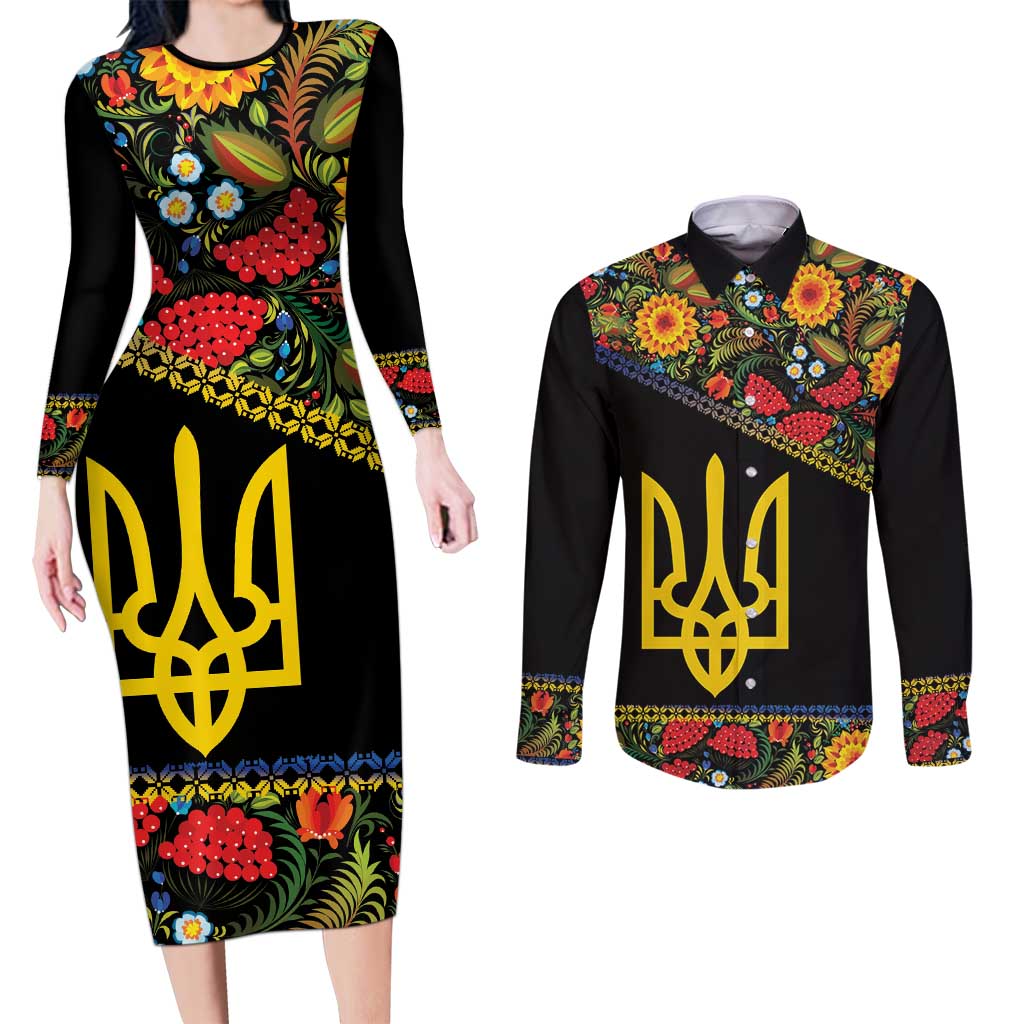 Petrykivka Ukrainian Folk Pattern Couples Matching Long Sleeve Bodycon Dress and Long Sleeve Button Shirt Golden Trident With Map