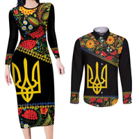 Petrykivka Ukrainian Folk Pattern Couples Matching Long Sleeve Bodycon Dress and Long Sleeve Button Shirt Golden Trident With Map
