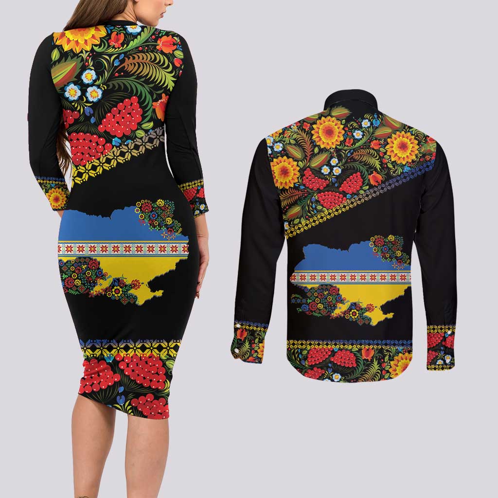 Petrykivka Ukrainian Folk Pattern Couples Matching Long Sleeve Bodycon Dress and Long Sleeve Button Shirt Golden Trident With Map