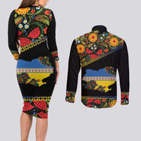 Petrykivka Ukrainian Folk Pattern Couples Matching Long Sleeve Bodycon Dress and Long Sleeve Button Shirt Golden Trident With Map