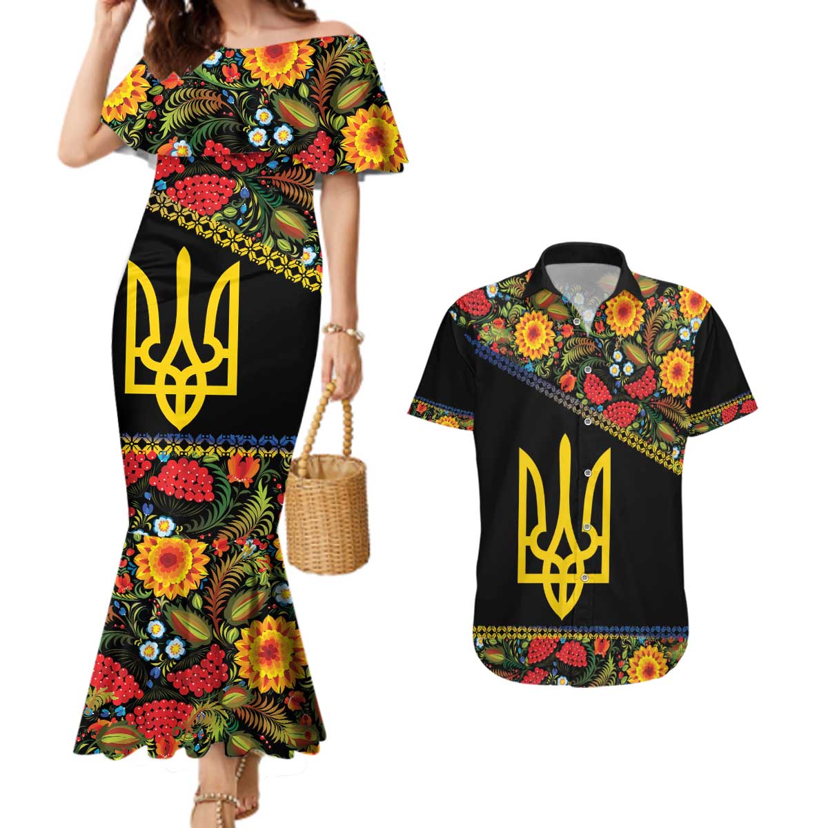 Petrykivka Ukrainian Folk Pattern Couples Matching Mermaid Dress and Hawaiian Shirt Golden Trident With Map